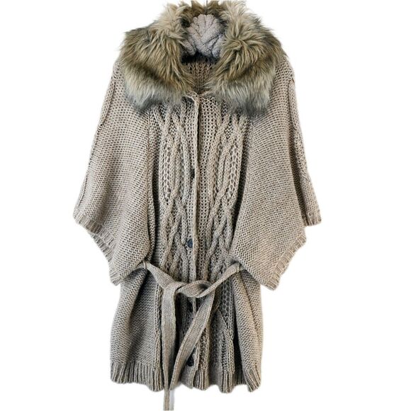 LOFT Faux Fur Collar Cable Knit Poncho Sweater Cardigan Belt Tie Sz L Wool Blend - Picture 1 of 14